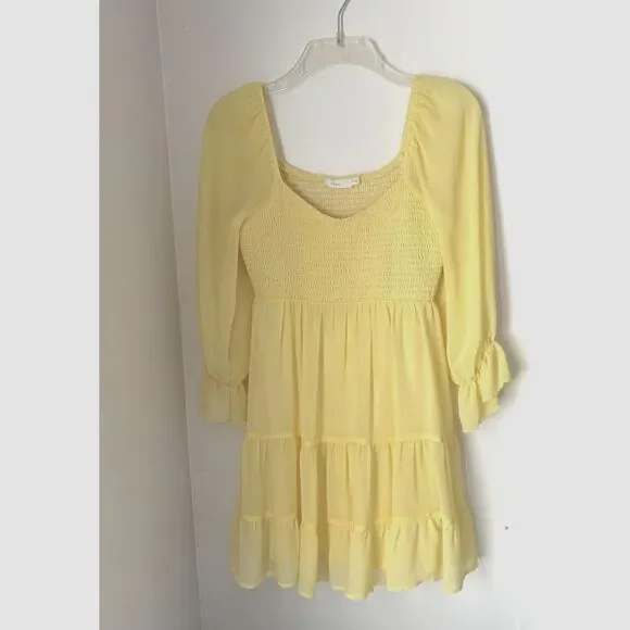 LUSH Yellow Smocked Bust Sheer LS Ruffle Hem Fit & Flare Spring Dress Size S #2 - Picture 2 of 8